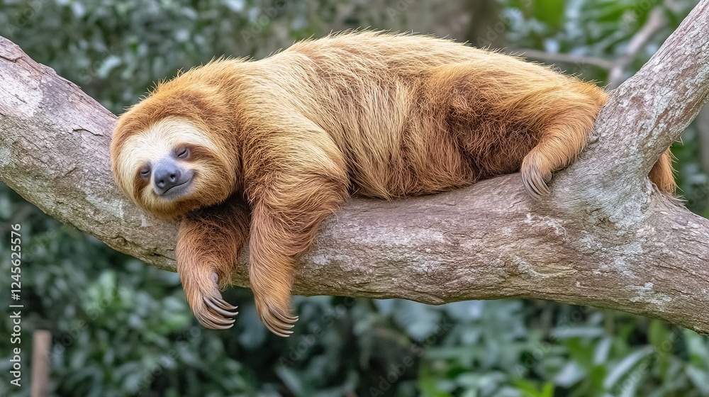 Fototapeta premium Relaxed sloth lounging on branch, rainforest background, wildlife photography