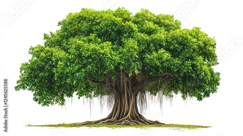Lush green banyan tree isolated on white; nature background; environmental design
