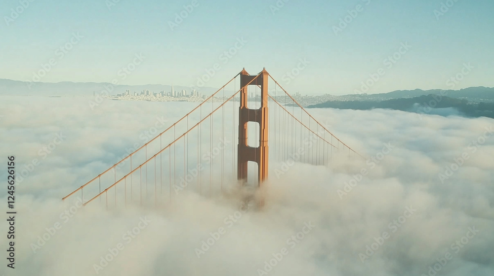 Fototapeta premium The iconic Golden Gate Bridge appears to float above the thick morning fog, with only the towers rising above the white clouds, Ai generated images