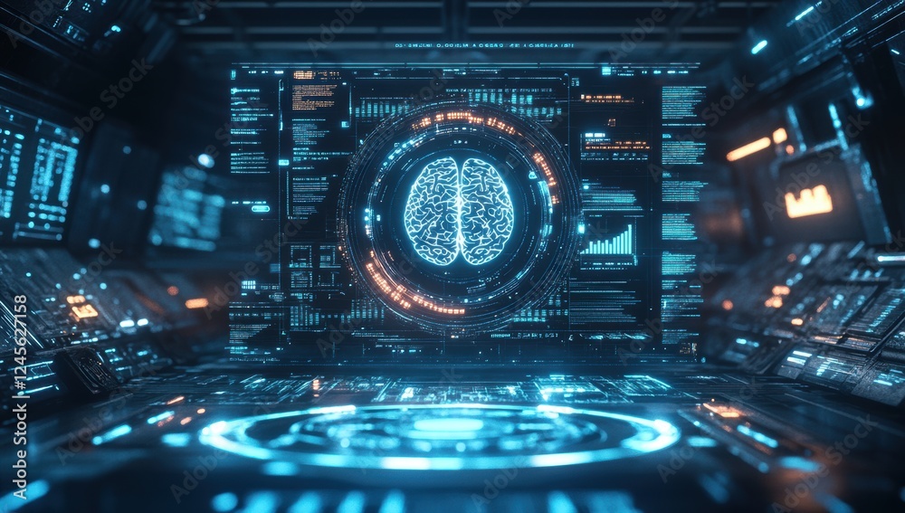 Obraz premium Futuristic Interface Displaying Digital Brain Visualization with Data Analytics and Technology Elements in a Sci-Fi Environment
