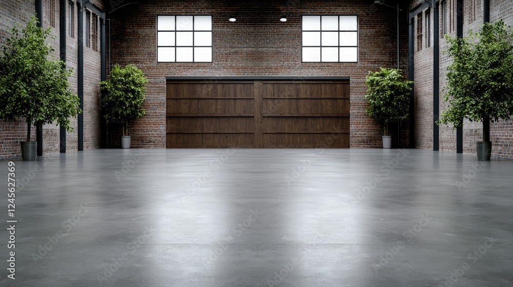 Fototapeta premium Industrial loft interior, large doors, plants, concrete floor