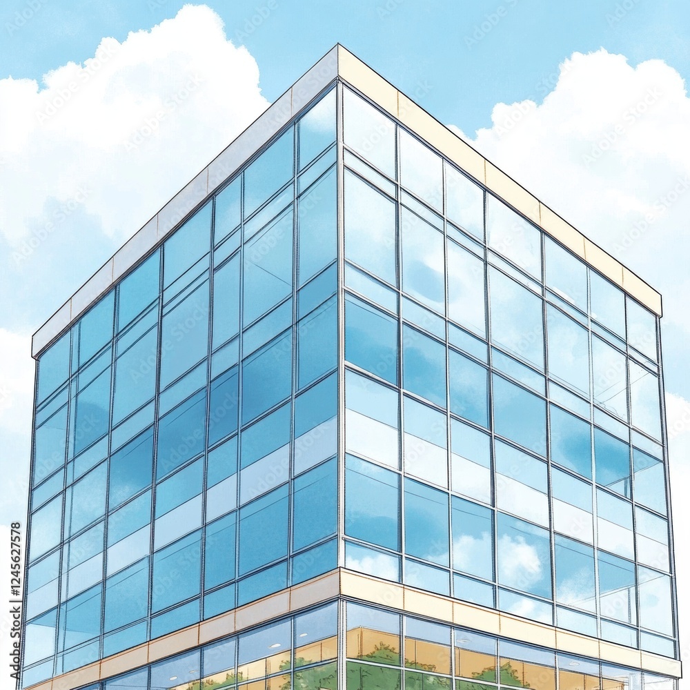 Tall building with many windows and a cloudy sky in the background Tall building with many windows and a cloudy sky in the background