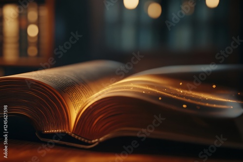 Learning and Knowledge: Mystical book opens to reveal glowing pages in a dimly lit library setting, Representing Education, Research, and Intellectual Growth, Perfect for Educational Content