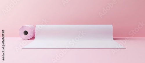 Versatile blank paper roll on a soft pink background, featuring a smooth unrolled sheet extending forward, ideal for creative printing projects. photo