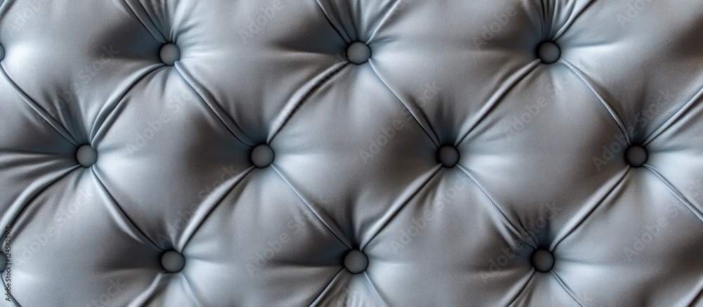Fototapeta premium Textured blue leather upholstery with tufted buttons in a symmetrical pattern showcasing glossy surface and shadows for depth.