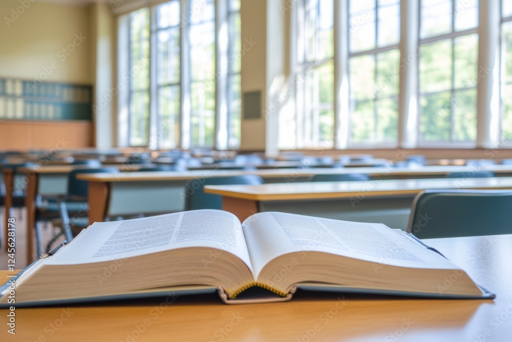Open Textbook in Bright Classroom, Representing Learning and Academic Environment, Ideal for Educational and Study-Themed Content Open Textbook in Bright Classroom, Representing Learning and Academic Environment, Ideal for Educational and Study-Themed Content
