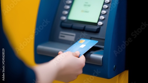 Close-Up of Hand Holding a Debit Card in Front of an ATM – Banking and Financial Transactions
