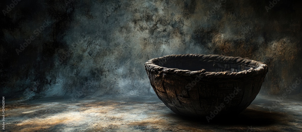 Textured dark bowl with intricate detailing positioned on a shadowy surface surrounded by a deep atmospheric vignette emphasizing depth and contrast Textured dark bowl with intricate detailing positioned on a shadowy surface surrounded by a deep atmospheric vignette emphasizing depth and contrast