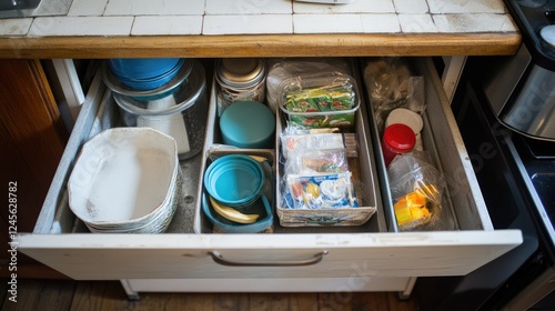 A kitchen drawer neatly arranged after removing unnecessary food packaging.