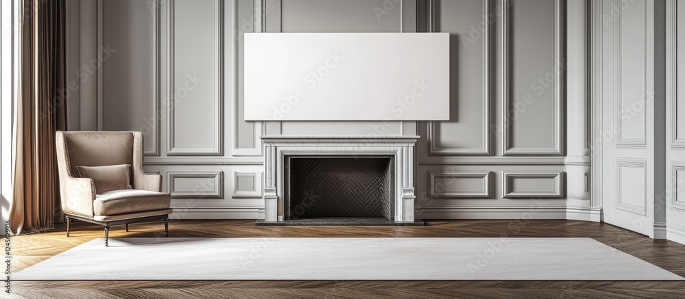 Modern living room interior with neutral tones featuring a beige armchair, white walls, elegant fireplace, and a minimalist white frame on the wall.