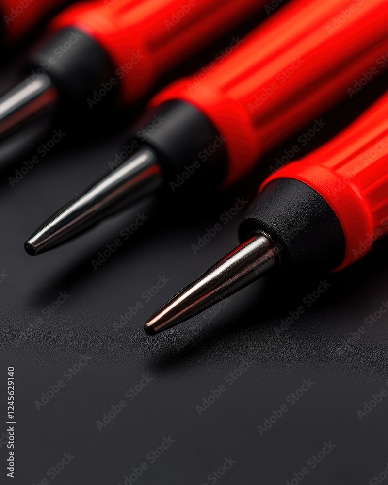 Close-up of red tipped screwdrivers on a dark surface, showcasing precision tools ideal for various repairs. Close-up of red tipped screwdrivers on a dark surface, showcasing precision tools ideal for various repairs.