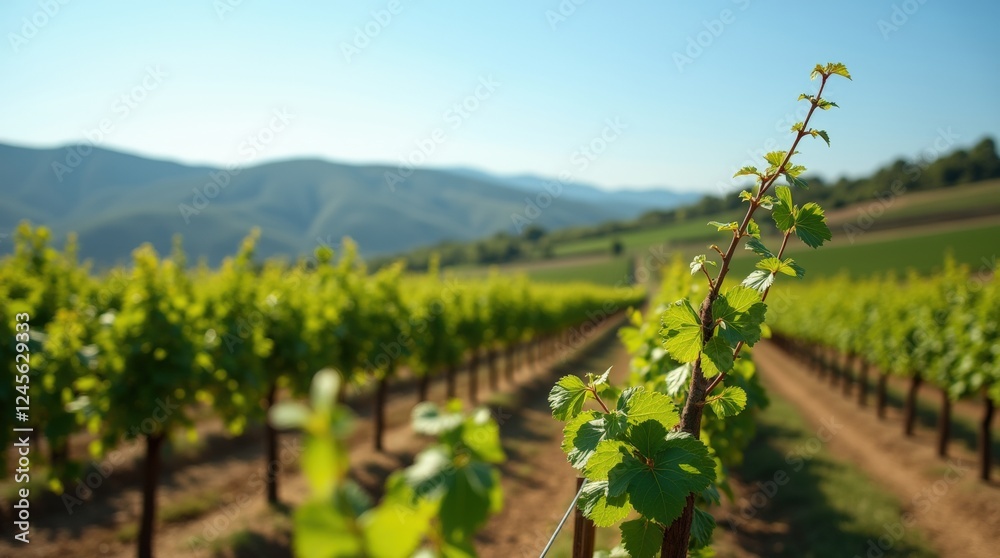 Naklejka premium vineyard with rows of vines featuring new leaves sprouting