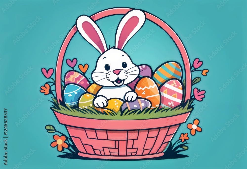 Cartoon bunny in a basket filled with Easter eggs and flowers against a turquoise background Cartoon bunny in a basket filled with Easter eggs and flowers against a turquoise background