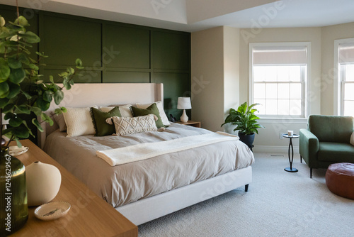 Εκτύπωση καμβά Large mid-century modern bedroom with green accent wall.