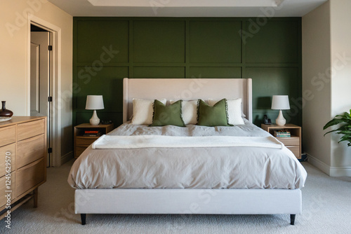 Large mid-century modern bedroom with green accent wall.