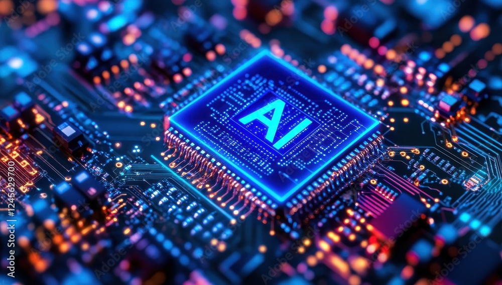 Obraz premium Futuristic microchip with glowing AI symbol on a vibrant circuit board showcasing advanced technology and innovation in artificial intelligence