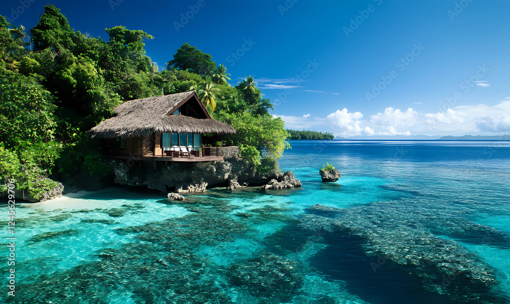 Obraz premium Cozy Cabin on a Secluded Island Surrounded by Crystal-clear Waters and Nature