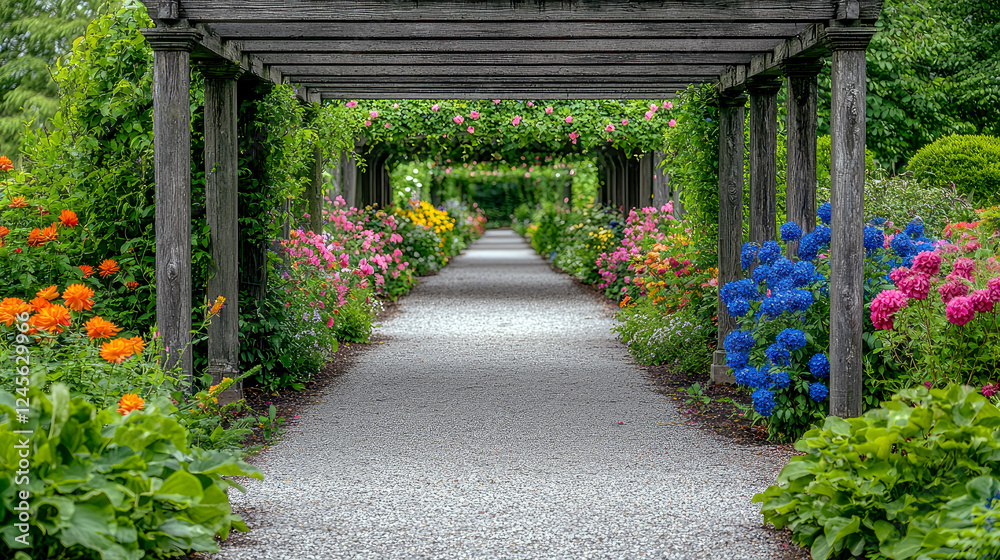 Serene Garden Path: A Walk Through Blooming Flowers and Lush Greenery under a Wooden Pergola Serene Garden Path: A Walk Through Blooming Flowers and Lush Greenery under a Wooden Pergola