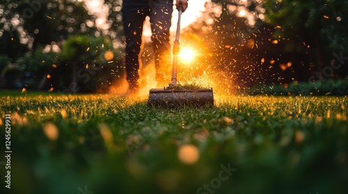 Sunset lawn aeration, backyard, man aerating, sparks