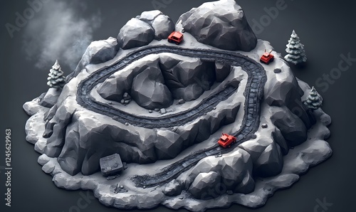 Mountain road race, snowy peak, winter vehicles, game asset, illustration