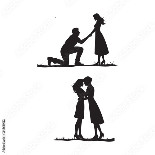 Romantic proposal and affectionate embrace captured in silhouettes