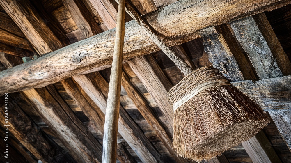 A long-handled duster reaching up to a high wooden beam. A long-handled duster reaching up to a high wooden beam.