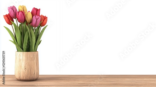 A cheerful bouquet of colorful tulips in a rustic wooden vase, sitting on a wooden table against a clean white background. The ima photo