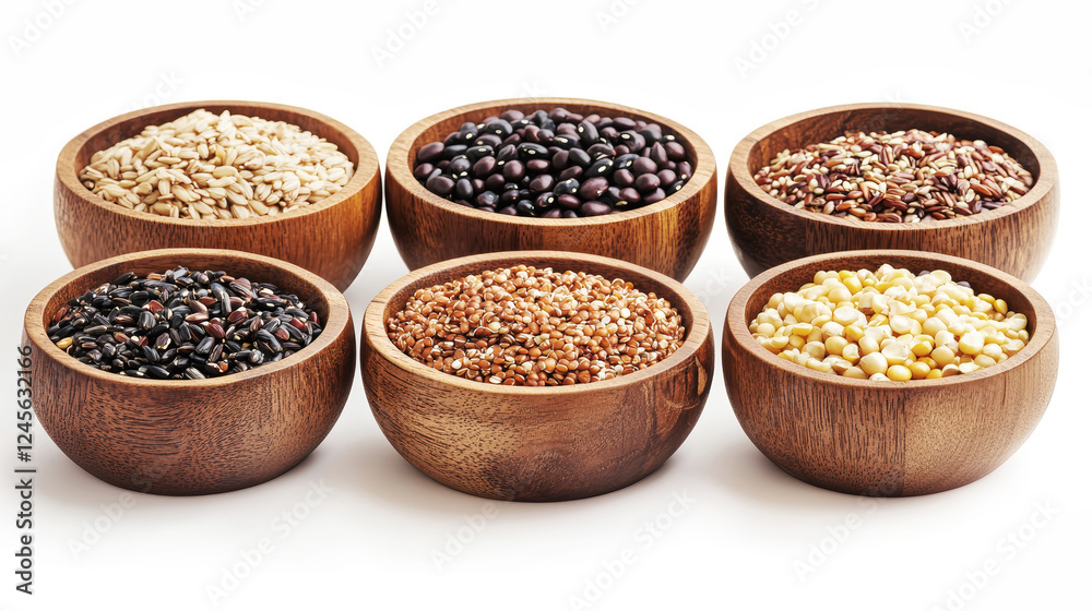 Rustic wooden bowls of assorted grains and seeds on a white backdrop convey natural simplicity and abundance Rustic wooden bowls of assorted grains and seeds on a white backdrop convey natural simplicity and abundance