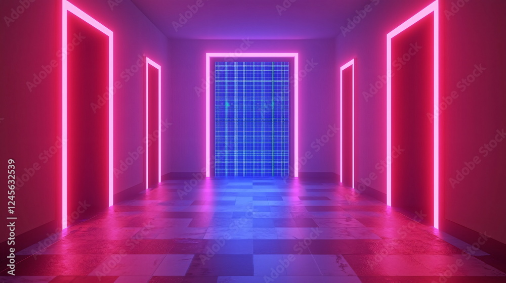 Neon-lit hallway with multiple closed doors, illuminated with vibrant pink and blue hues, creating a futuristic and surreal atmosphere perfect for sci-fi themes. Neon-lit hallway with multiple closed doors, illuminated with vibrant pink and blue hues, creating a futuristic and surreal atmosphere perfect for sci-fi themes.