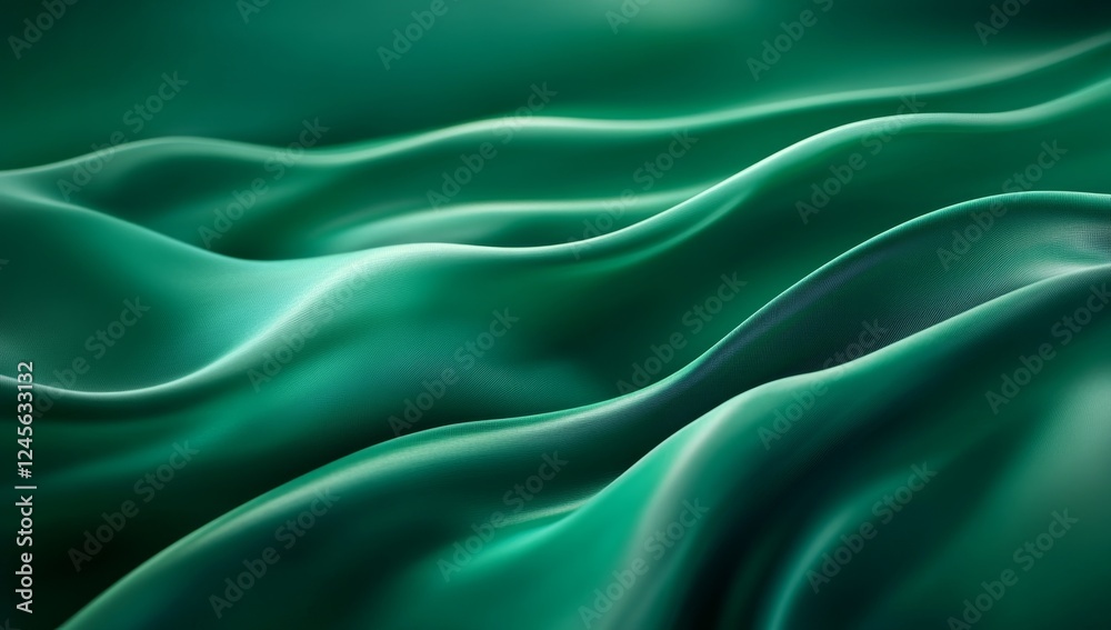 Emerald silk waves, flowing fabric, dark background, elegant design