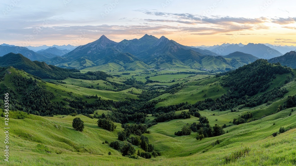 Obraz premium Majestic sunset over rolling green hills and mountains