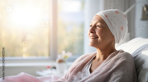 Portrait of the patient woman after chemotherapy female cancer patient wearing head scarf
