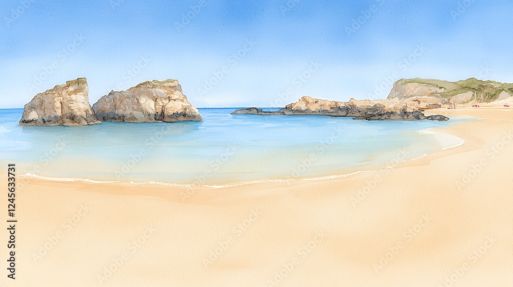 Serene Coastal Scene with Calm Waters and Sandy Beach Under a Clear Blue Sky, Evoking Peacefulness and Tranquility Serene Coastal Scene with Calm Waters and Sandy Beach Under a Clear Blue Sky, Evoking Peacefulness and Tranquility