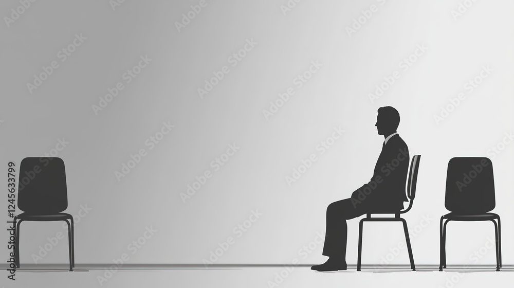 Fototapeta premium Young Businessman and Businesswoman Sitting in a Row Waiting for Interview. Recruitment Scene in Office with Candidates and Colleagues