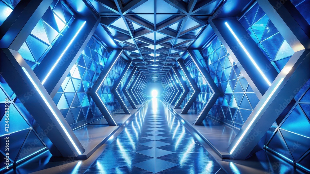 Obraz premium Futuristic Corridor with Bright Blue Neon Lights and Geometric Metal Walls