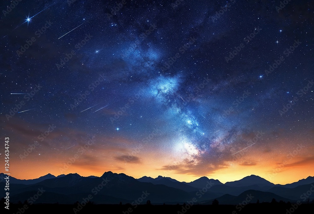 Fototapeta premium Stars Twinkle Above Majestic Mountains as Dusk Descends in a Breathtaking Display. Generative AI