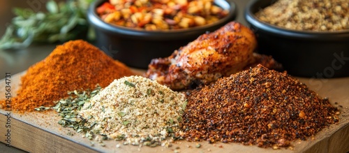 Fototapeta Naklejka Na Ścianę i Meble -  Colorful selection of spice rubs on a wooden cutting board with vibrant orange red and green tones alongside bowls of herbs suitable for BBQ gatherings