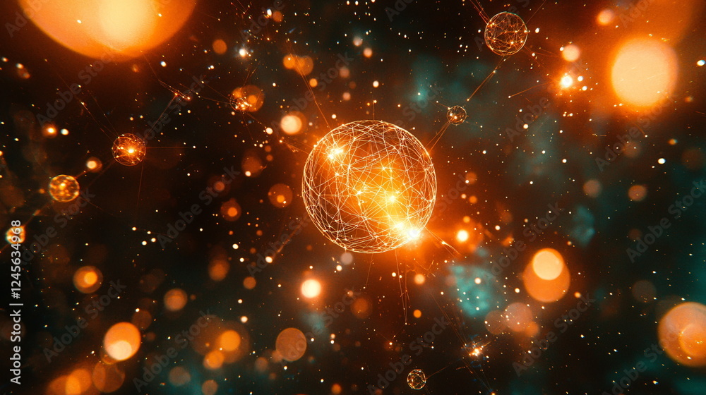 Obraz premium Glowing particles and spheres interconnected by fine lines create a vibrant cosmic scene with an ethereal blend of orange and teal hues, forming an abstract digital background.