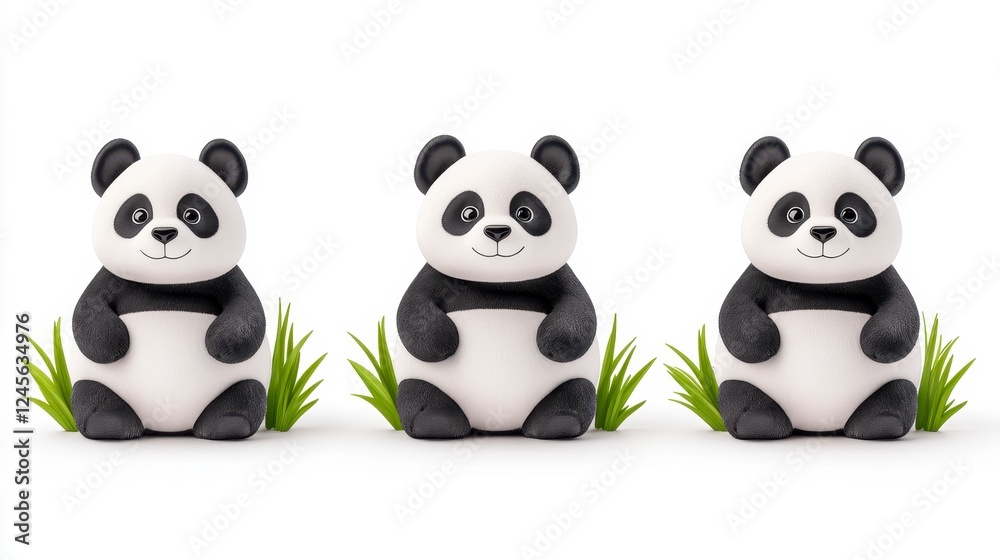 Fototapeta premium Three Adorable Panda Bear Cubs Sitting in Grass: Playful 3D Render for Children's Illustrations and Greeting Cards