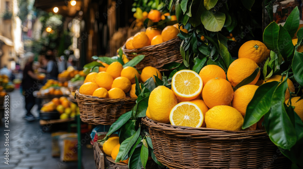 A basket of oranges is displayed in a market A basket of oranges is displayed in a market