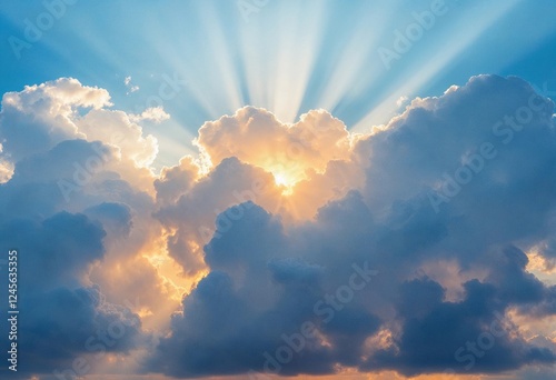 Vibrant Rays of Sunlight Break Through Majestic Clouds at Dawn. Generative AI photo