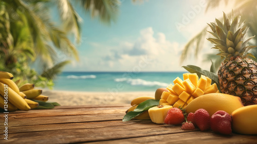 A table with a variety of fruits including bananas, strawberries, and pineapple