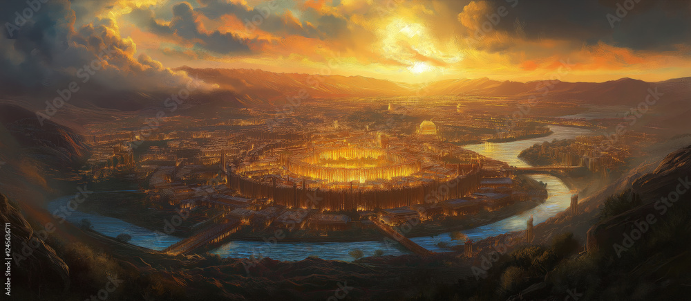 Obraz premium The New Jerusalem: A Radiant City of Gold with Twelve Pearl Gates and the River of Life from Revelation 21:10-27