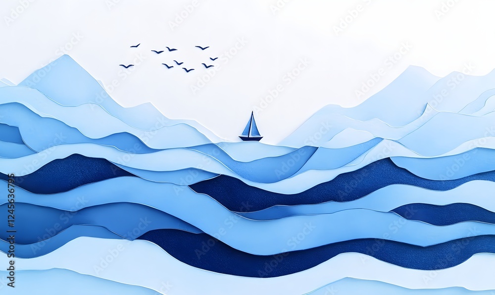 Paper art sailboat on blue ocean waves, mountains background, calm scene, travel concept Paper art sailboat on blue ocean waves, mountains background, calm scene, travel concept