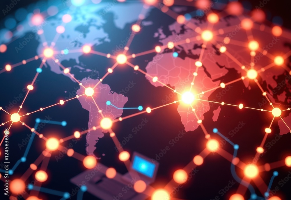 Fototapeta premium The image depicts a network visualization, showcasing a complex interconnected system Numerous glowing nodes, resembling stars or data points are linked together by a dense web of lines.