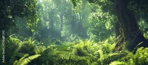 Vibrant green highwood forest with soft sunlight filtering through trees creating a serene atmosphere surrounded by lush ferns and foliage photo