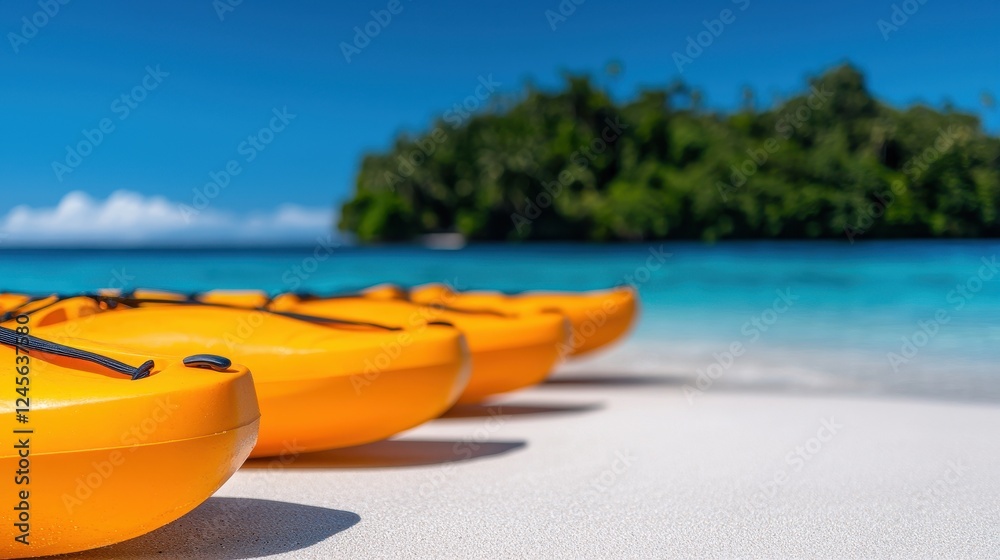 Row of vibrant orange kayaks on a pristine beach with turquoise waters and a lush island in the background. Row of vibrant orange kayaks on a pristine beach with turquoise waters and a lush island in the background.