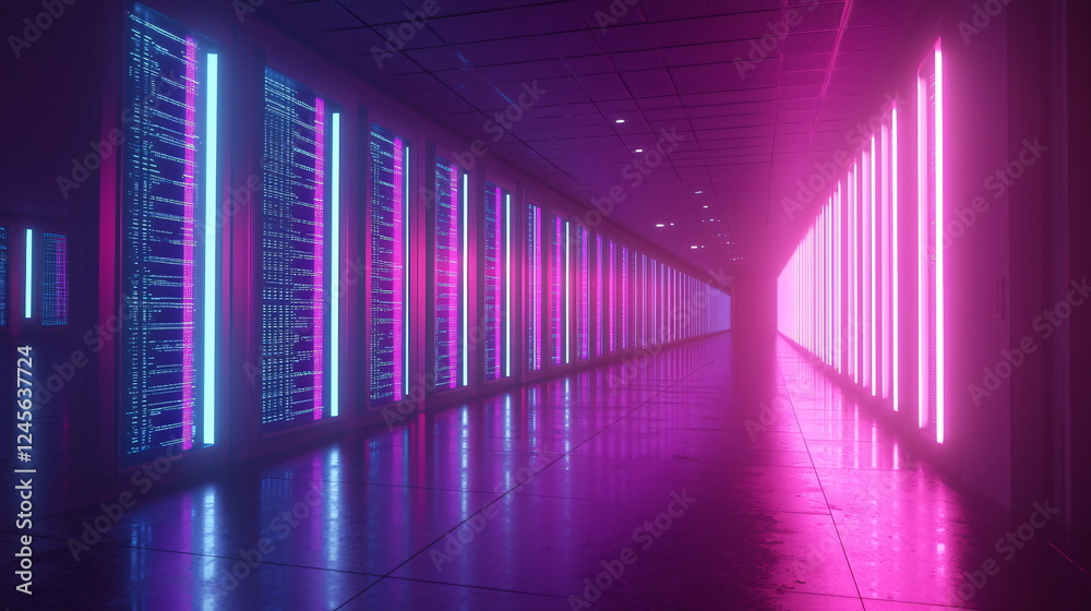 Fototapeta premium Bright neon corridor illuminated by pink and blue lights with reflections on the floor, featuring futuristic technology in a high-tech environment.