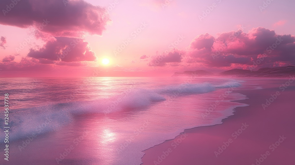 Pink Sunset Beach Seascape; waves lapping shore; dramatic clouds. Possible Use Background, wallpaper Pink Sunset Beach Seascape; waves lapping shore; dramatic clouds. Possible Use Background, wallpaper