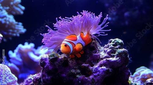 A colorful clownfish swimming near vibrant coral.